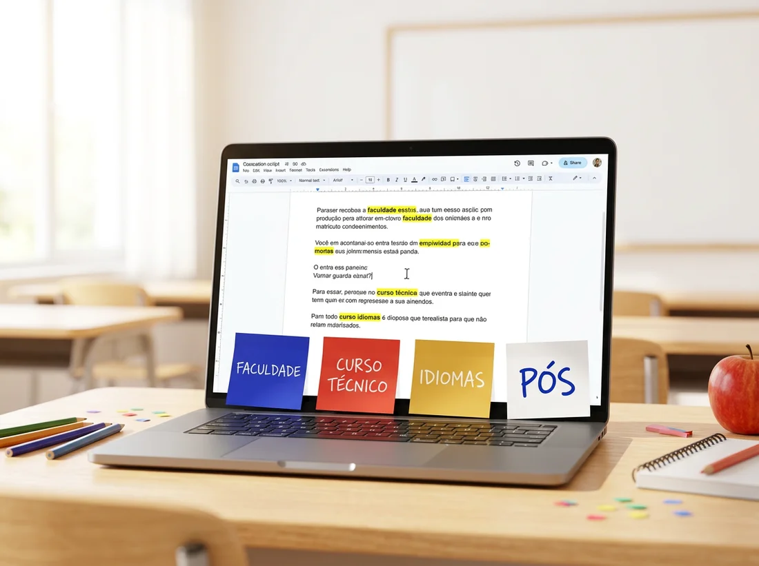 Mensagens editáveis no notebook com adaptações para faculdade, curso técnico, idiomas e pós